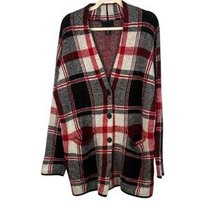 Cynthia Rowley Wool Blend Red Black Plaid Long Line V-Neck Button Up XL Cardigan